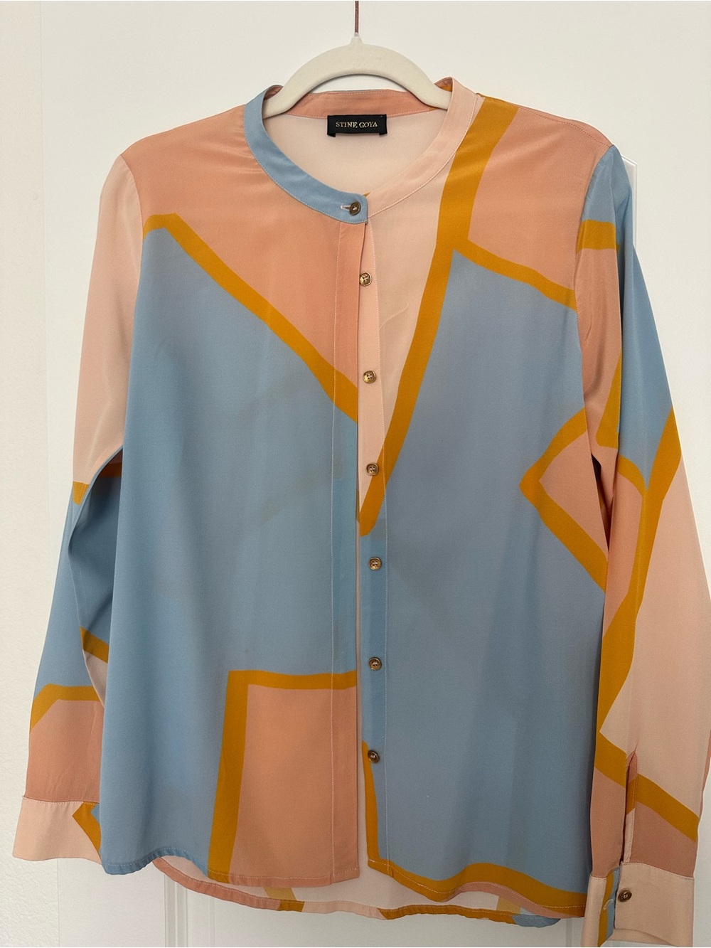 STINE GOYA Blue, Peach and Mustard Colorblock Collarless Button-Up
